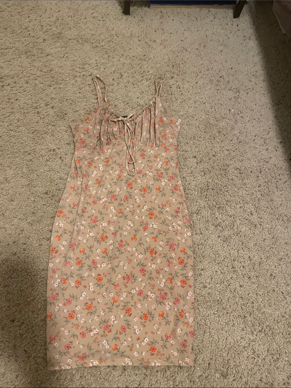 Ambiance Beige Floral Tie-Front Midi Dress